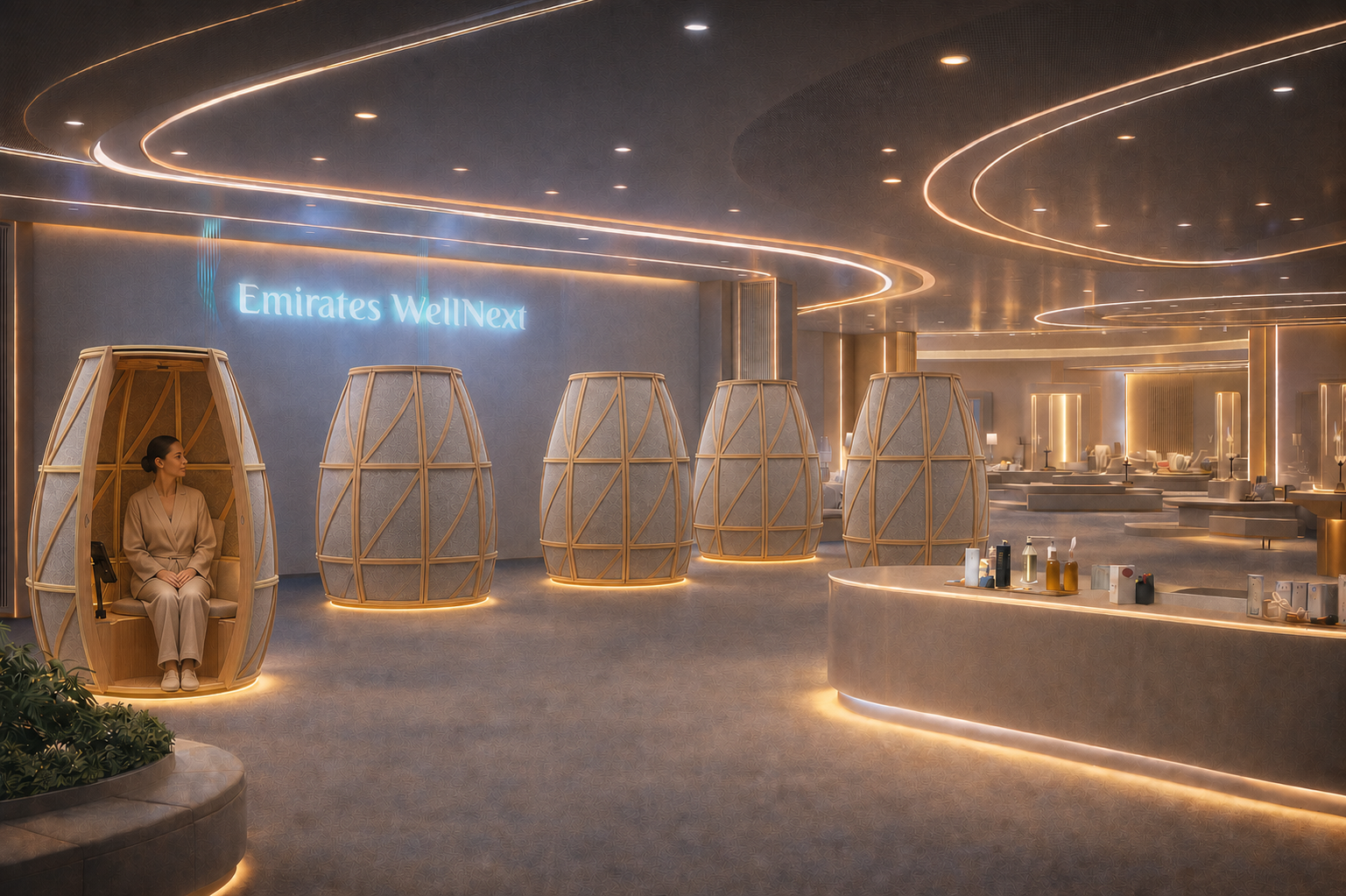 The Emirates WellNext Recovery Hub: a quiet lounge of wooden recovery pods under warm ceiling light.