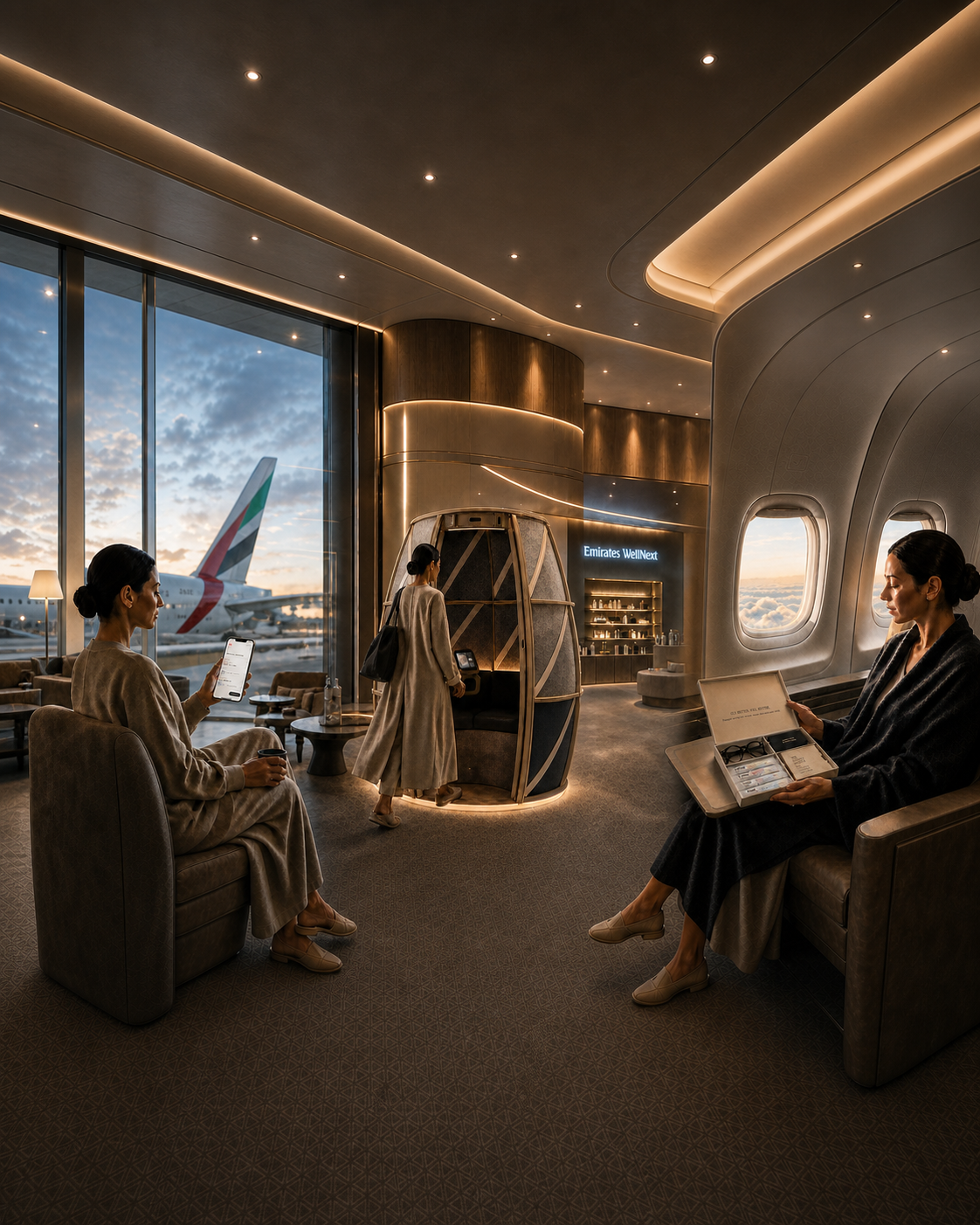 The WellNext journey in one scene: the recovery plan on a phone in the lounge, the recovery pod, and the inflight kit opened on board.