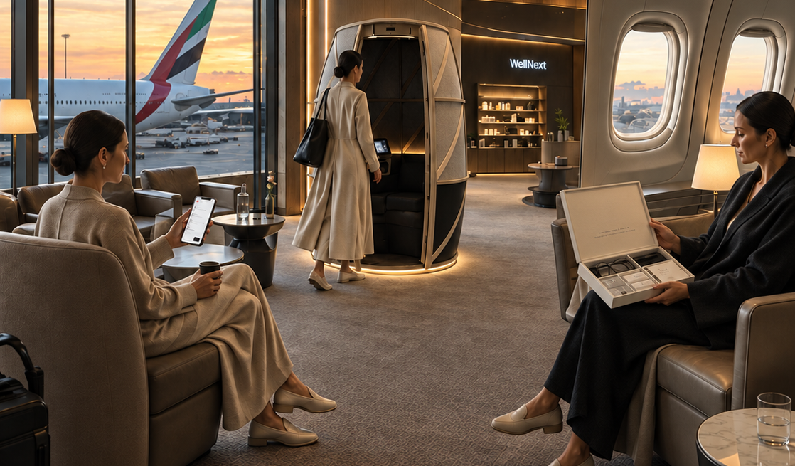 The WellNext journey in one scene: the recovery plan on a phone in the lounge, the recovery pod, and the inflight kit opened on board.
