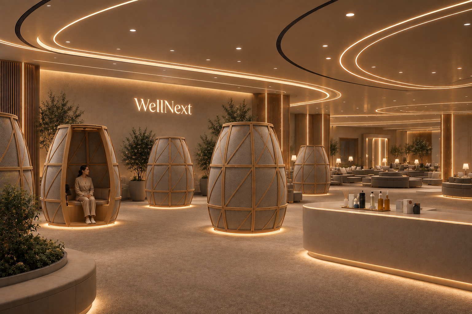 The Emirates WellNext Recovery Hub: a quiet lounge of wooden recovery pods under warm ceiling light.