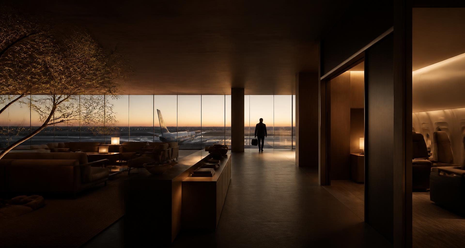 A dim airport lounge at sunset, a lone figure walking towards the horizon beyond floor-to-ceiling windows.